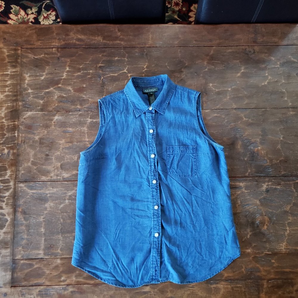 LAUREN Blue Linen Sleeveless Shirt - L